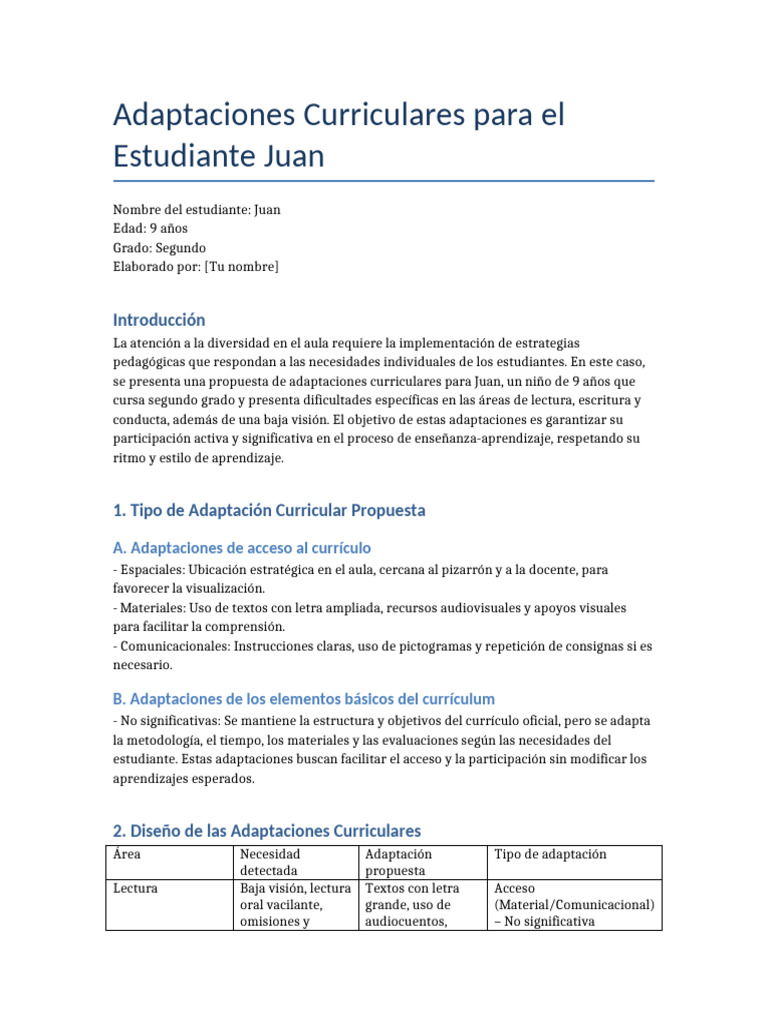 Adaptaciones Curriculares para Juan, 9 años | PDF | Plan de estudios ...