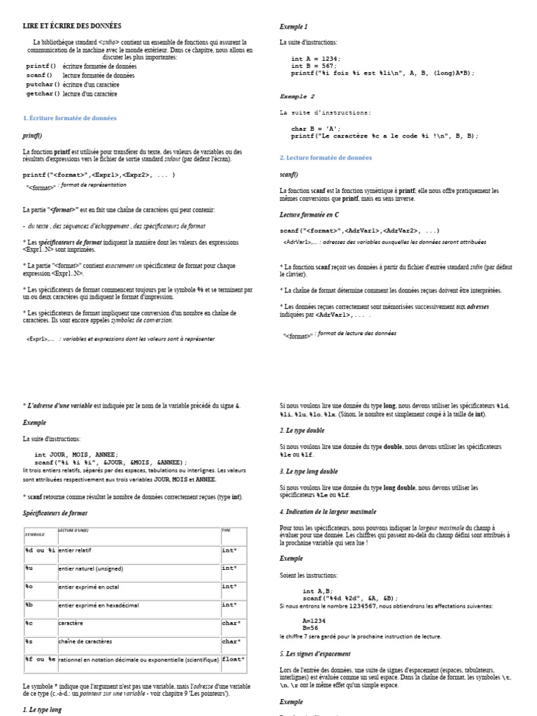 Lecture et écriture en C avec printf et scanf | PDF | Informatique ...