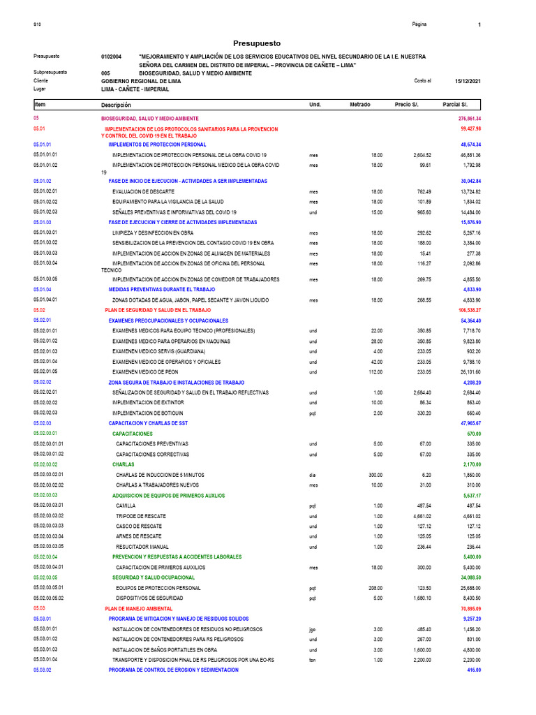 5. Presupuesto Bioseguridad Salud y Medio Ambiente | PDF | Lugar de ...