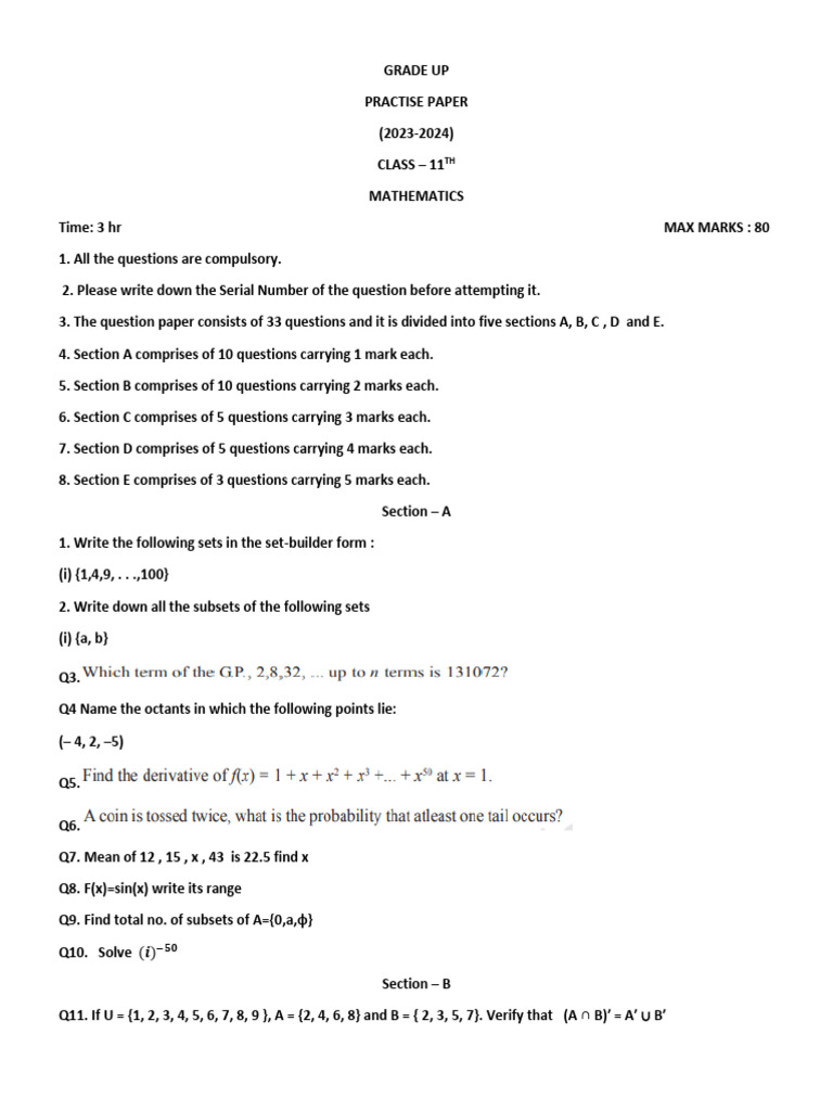 GRADE UP Class 11 Maths Final Test | PDF | Inequality (Mathematics ...