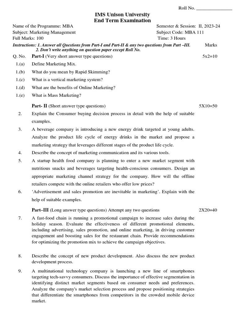 Marketing Management Exam Paper | PDF | Marketing | Market Segmentation