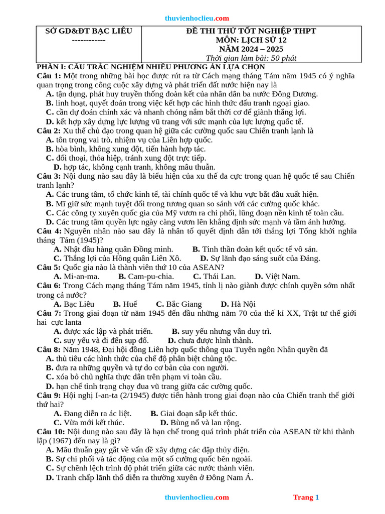 De Thi Thu TN THPT 2025 Lich Su THPT So GD Bac Lieu | PDF