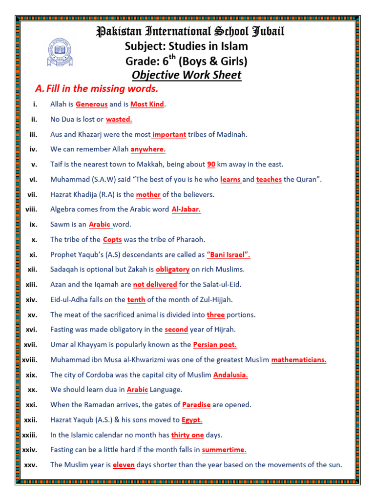 6th Grade Islamic Studies Worksheet | PDF | Muhammad | Abrahamic Religions