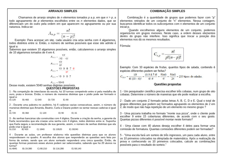 Arranjos e Combinações Simples | PDF | Números | Matemática
