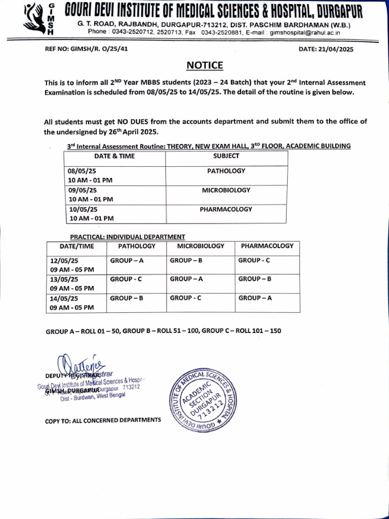 2nd Year MBBS Internal Assessment Schedule | PDF