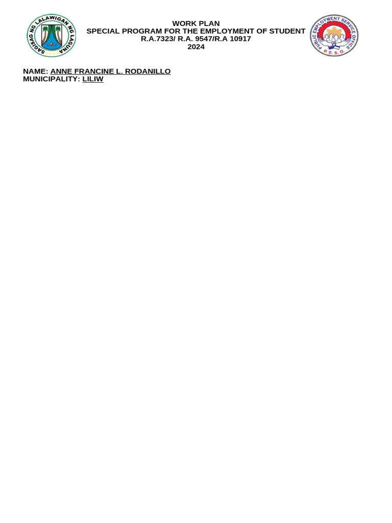 SPES Work Plan for Student Employment 2024 | PDF | Labor | Employment