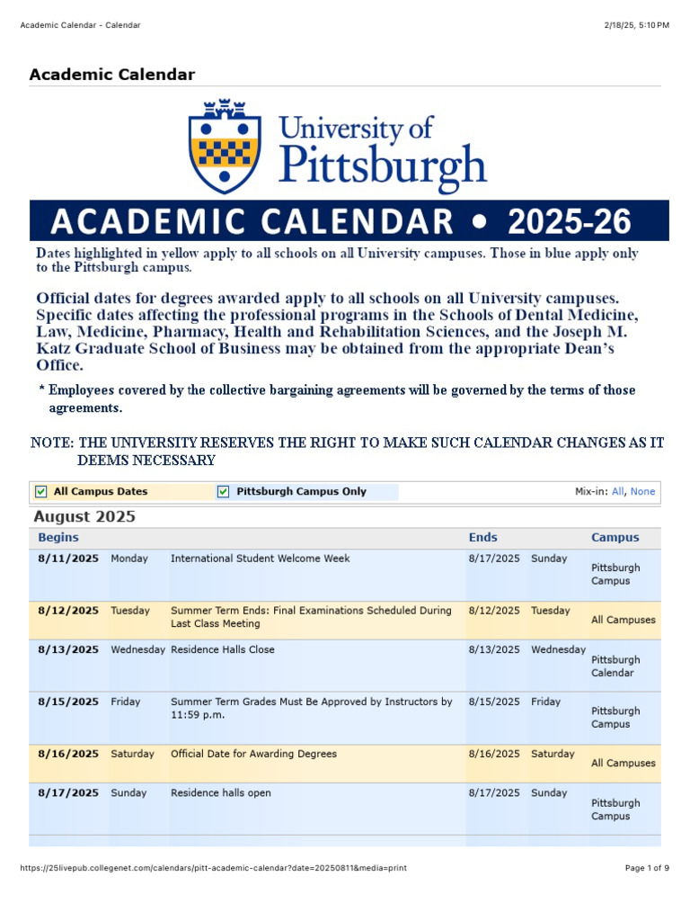Pitt Academic Calendar 2025-26 | PDF | Academic Term ...