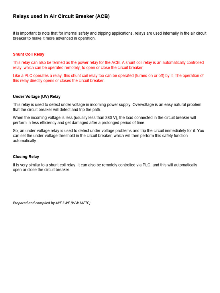 ACB Relay Types and Functions | PDF