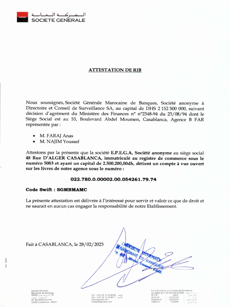 Attestation de RIB pour E.P.E.G.A | PDF