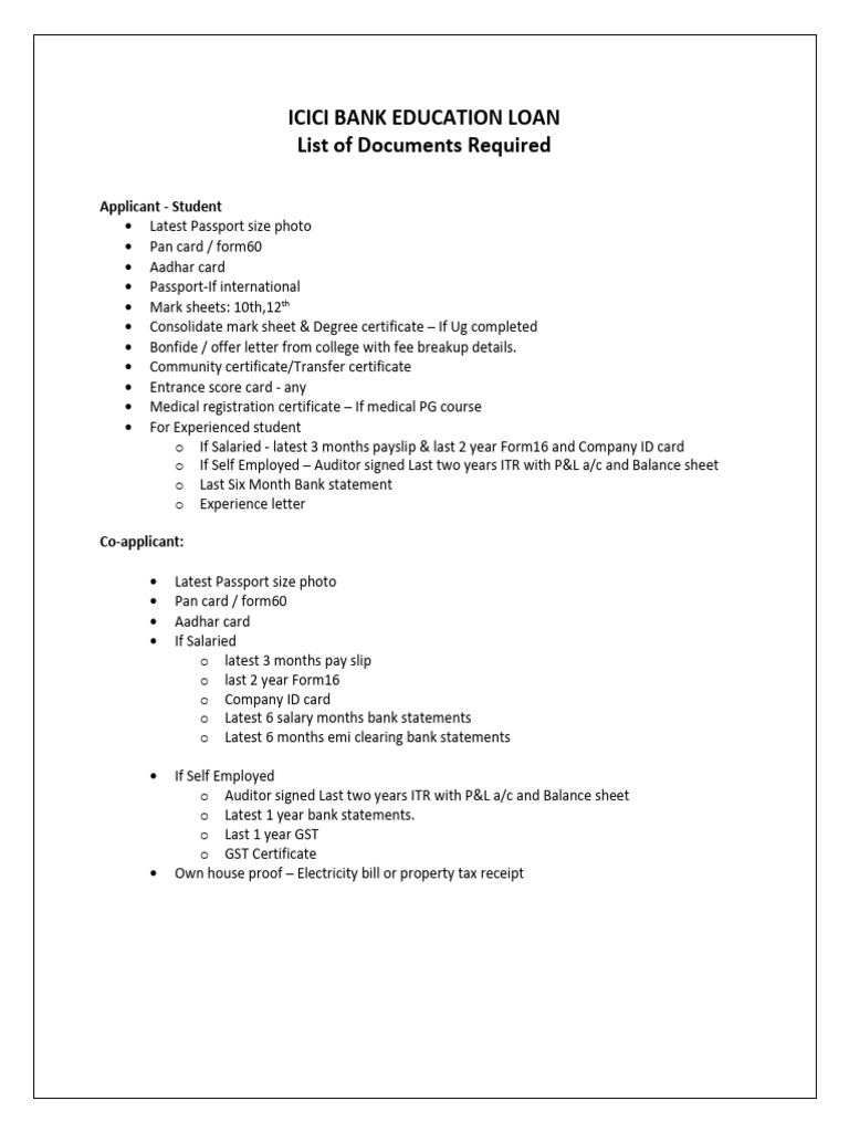 ICICI Bank Education Loan Document List | PDF