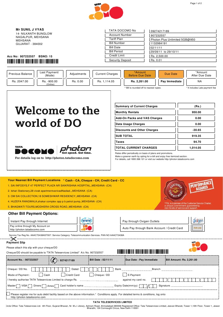 TATA DOCOMO Photon Bill Summary | PDF | Cheque | Credit Card