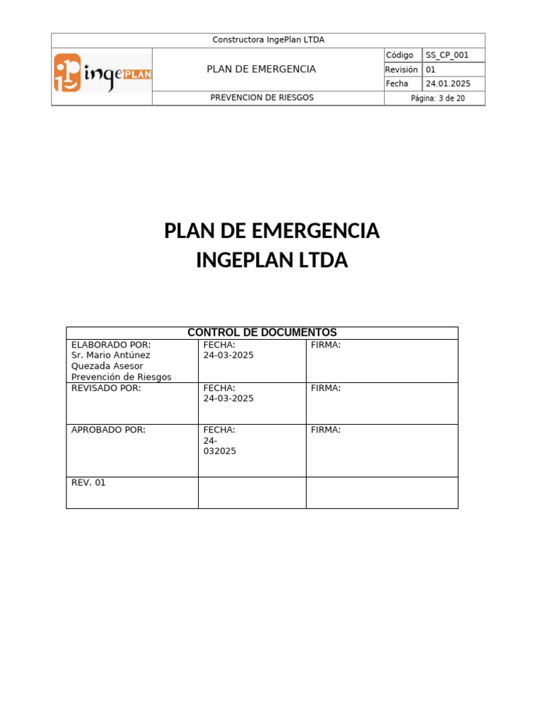 Plan de Emergencia IngePlan LTDA | PDF | Primeros auxilios | Incendios