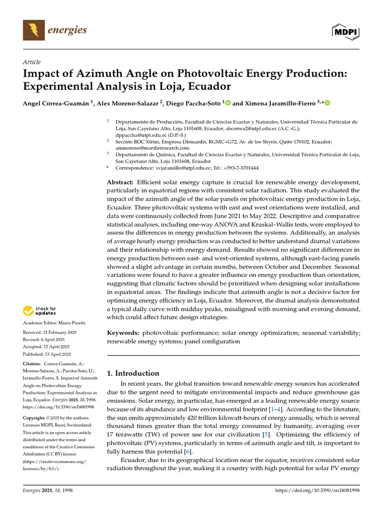 Azimuth Angle Effects on PV Energy in Ecuador | PDF | Photovoltaics ...