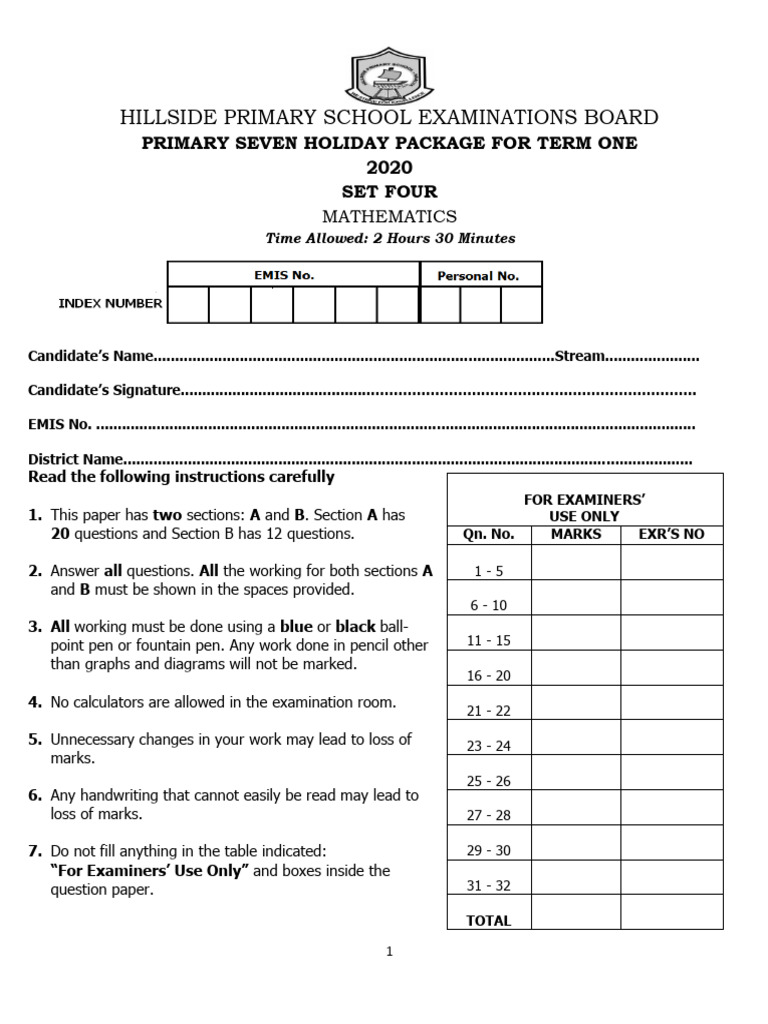 Primary Seven Math Exam Package 2020 | PDF | Mathematics