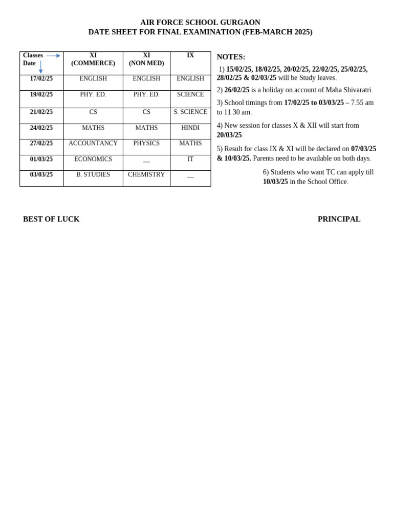 Class 11 Final Exam Schedule 2025 | PDF