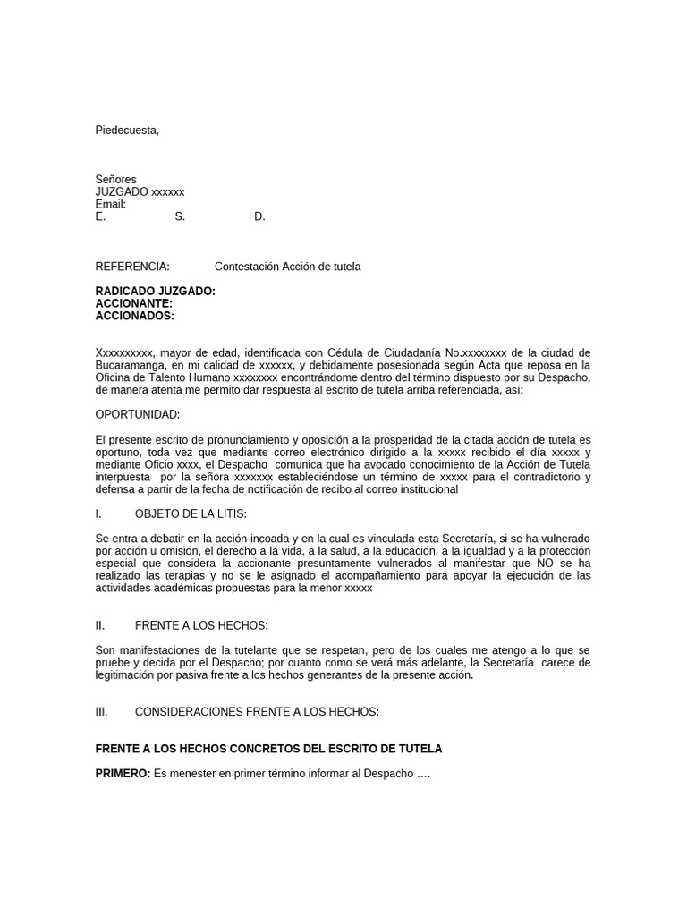Contestación a Acción de Tutela Improcedente | PDF | Ley procesal ...