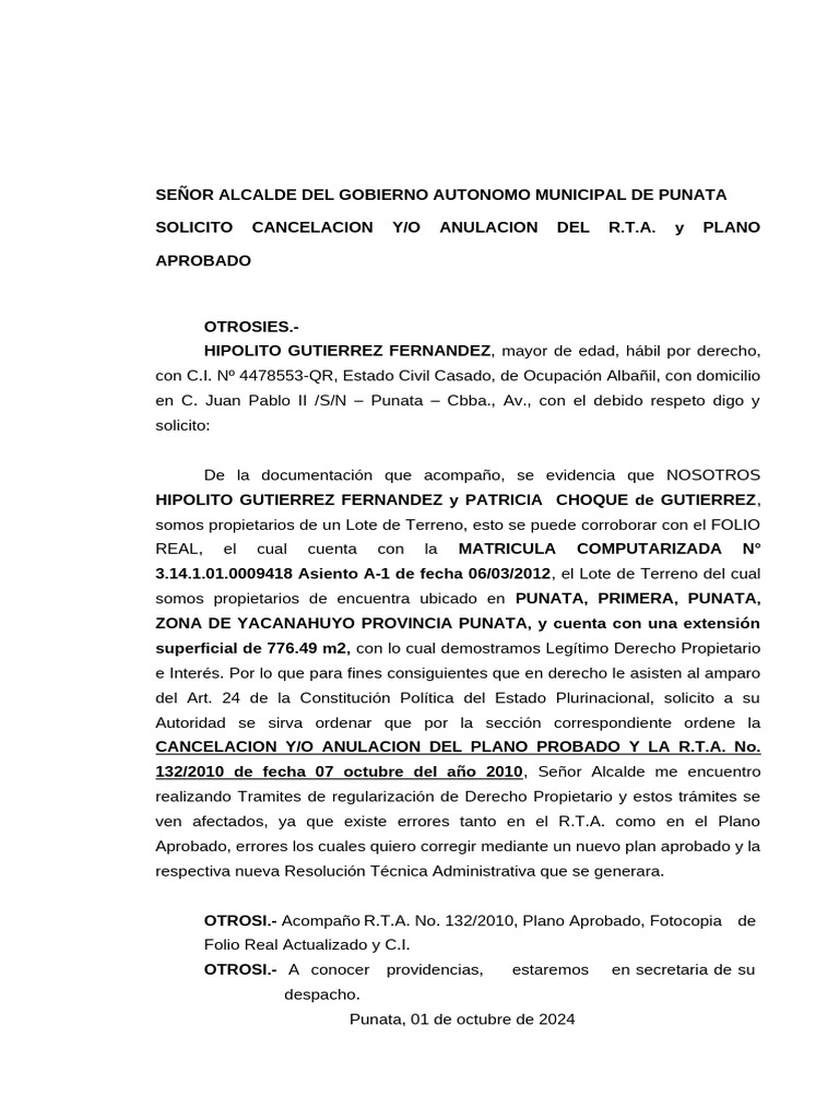 Solicitud de Anulación de R.T.A. y Plano | PDF