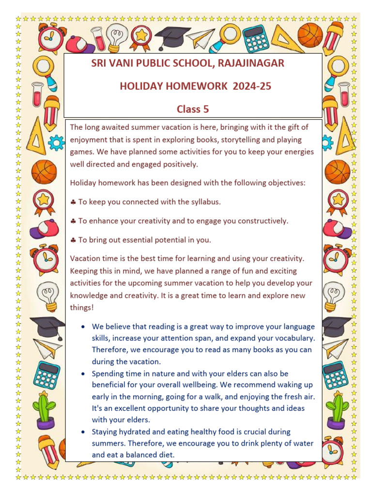 Class 5 Holiday Homework 2024-25 | PDF