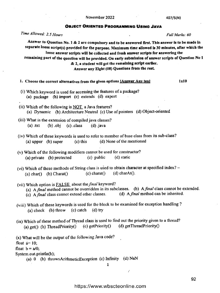 CST 4 Sem Object Oriented Programming Using Java 407 5 N Nov 2022 | PDF