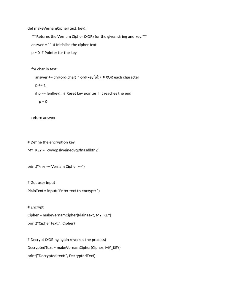 Vernam Cipher Encryption in Python | PDF