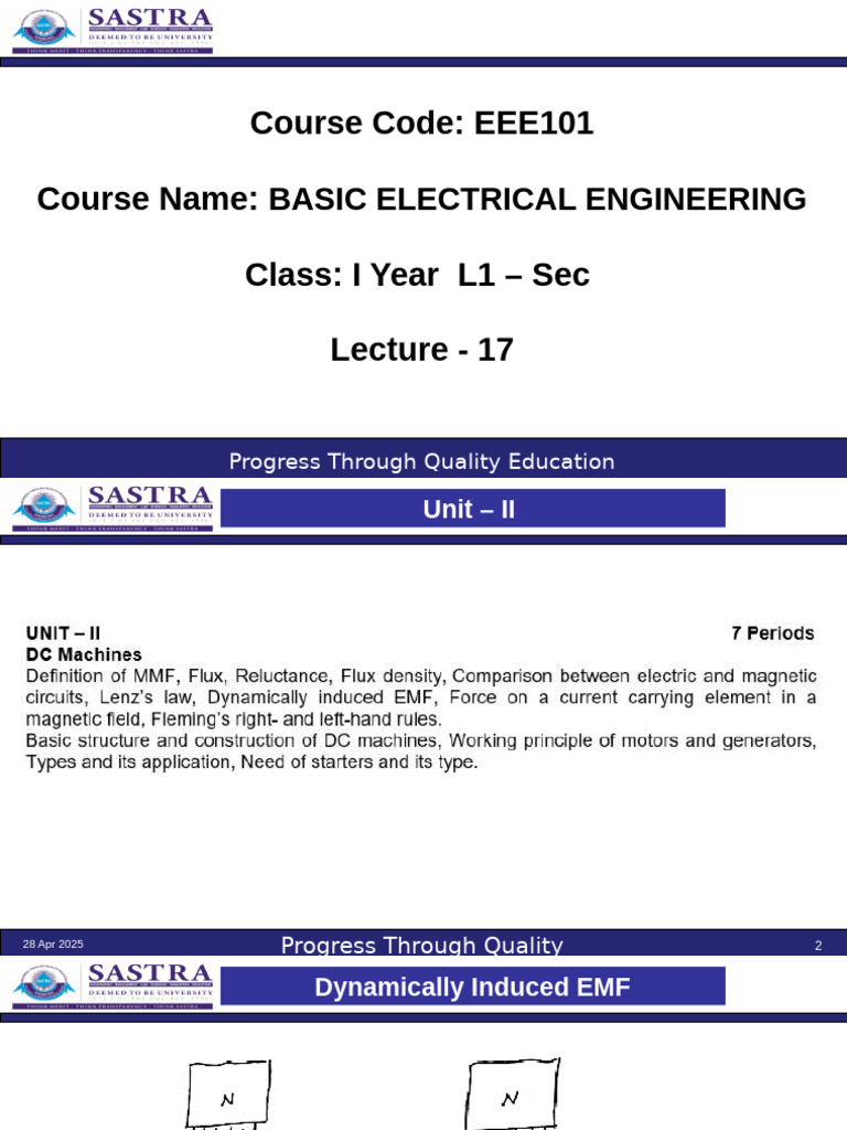 UNIT II - BEE - LECTURE 17-Dynamically Induced EMF-Fleming's Rule ...