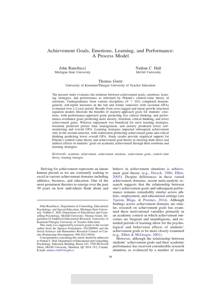 Achievement Goals and Academic Emotions | PDF | Emotions | Goal