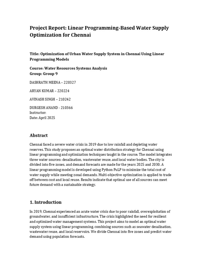 Chennai Water Supply Optimization Report | PDF | Water Resources ...