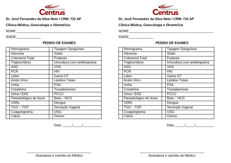 Pedido de Exames Médicos Completo | PDF