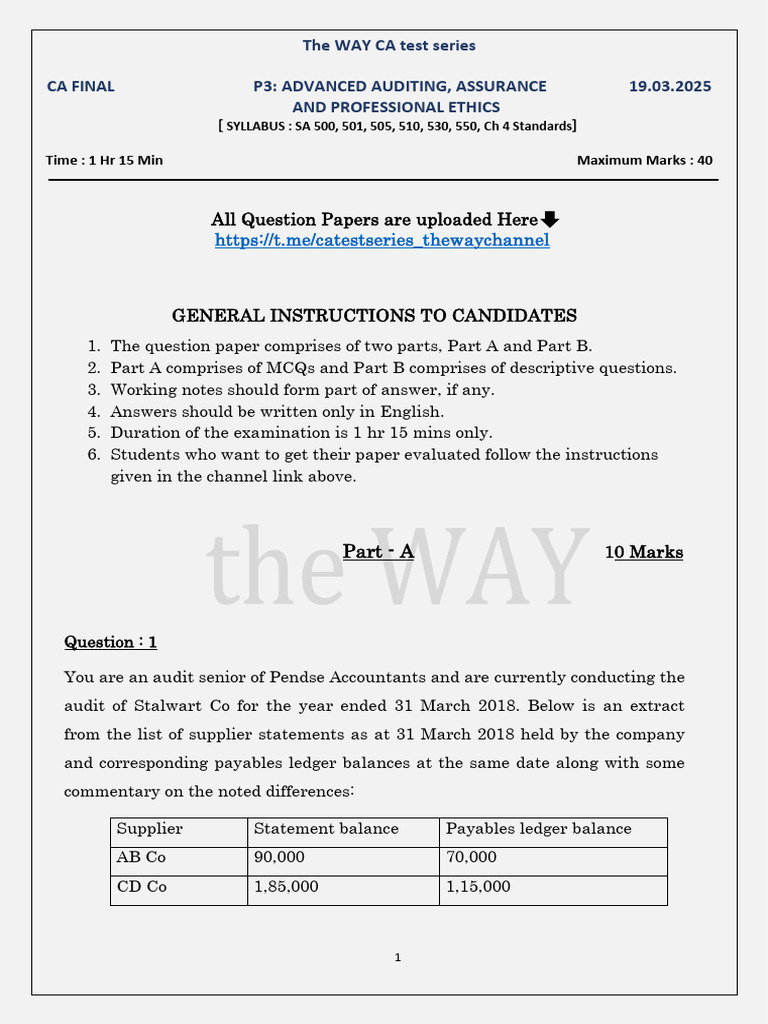 CA Final P3 Auditing Test Series 2025 | PDF | Audit | Internal Control