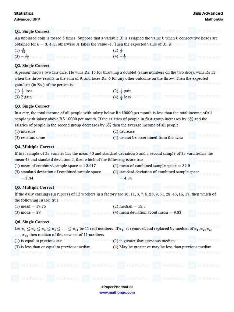 JEE Advanced Statistics Practice Questions | PDF | Mean | Standard ...