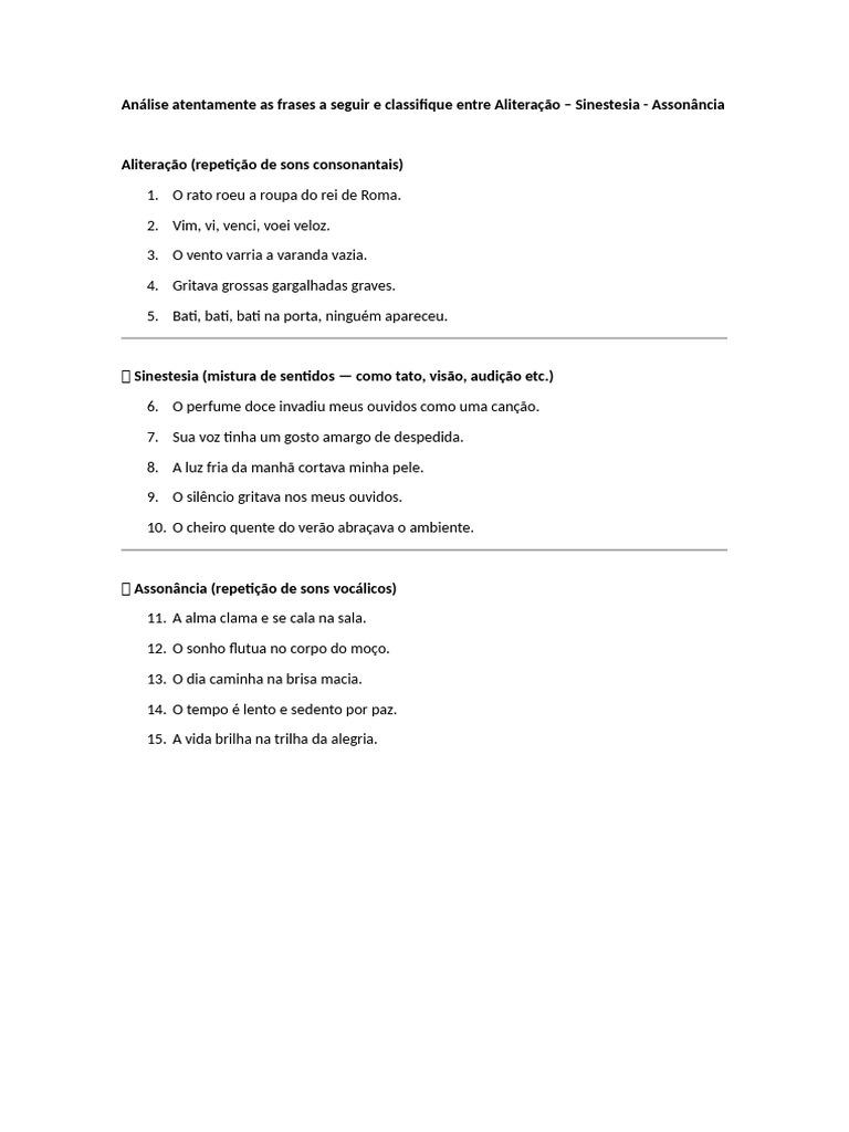 Atividades sobre Aliteração e Assonância | PDF