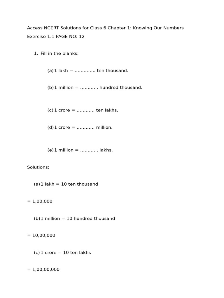 Knowing Your Numbers Class 6 Ncert | PDF