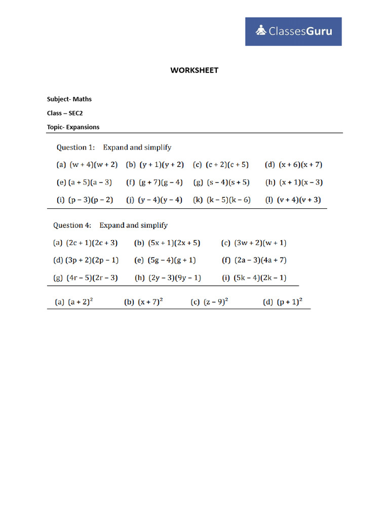 Worksheet: Subject-Maths Class - SEC2 Topic - Expansions | PDF