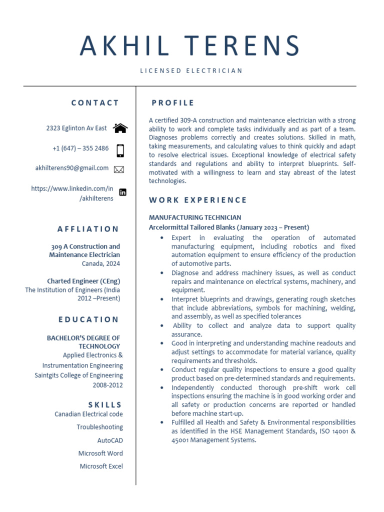 Akhil Terens: Licensed Electrician Profile | PDF | Electrician ...