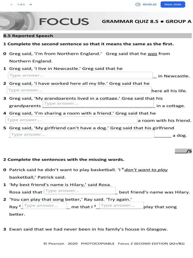 Reported Speech Grammar Quiz | PDF