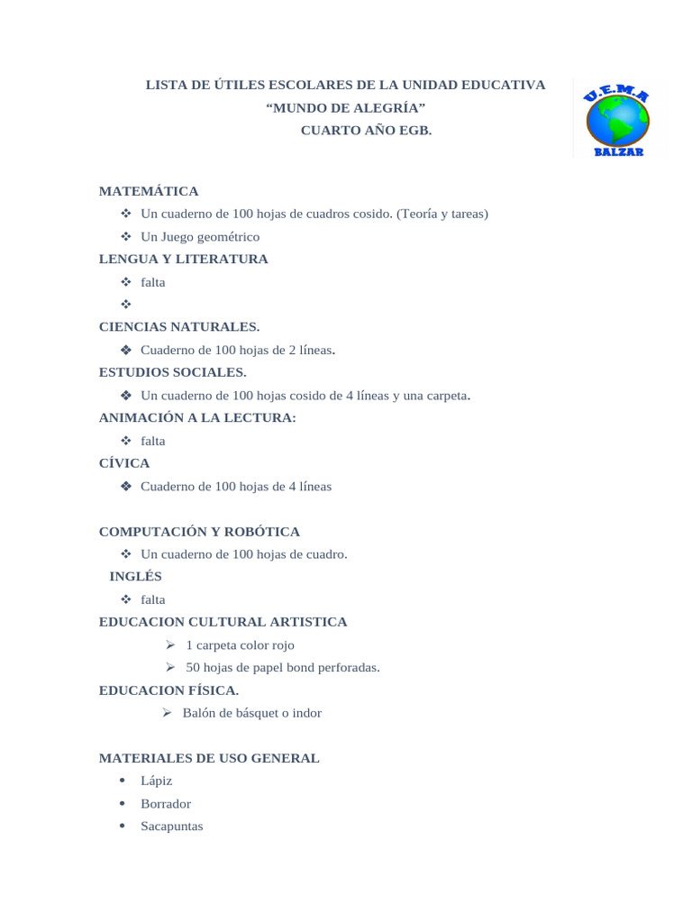 Lista de Útiles Escolares Cuarto de Básica - Docx2025 | PDF