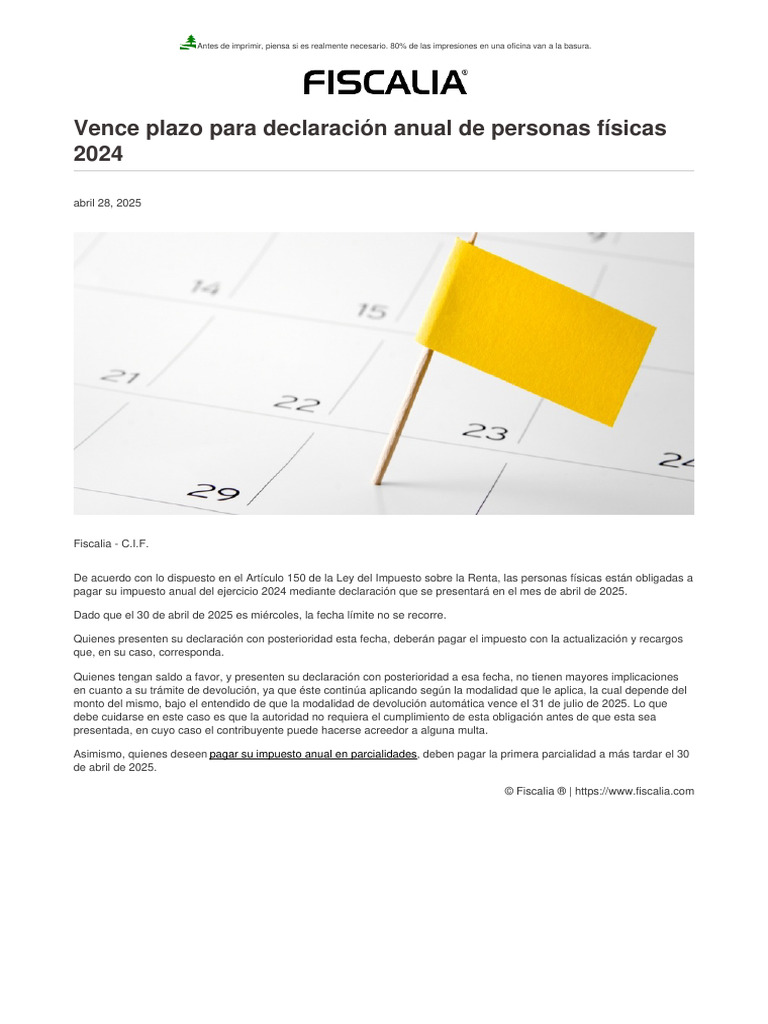 Vence Plazo para Declaración Anual de Personas Físicas 2024 | PDF
