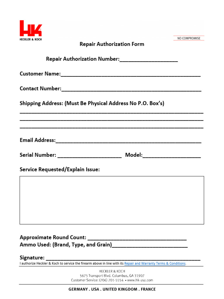 RMA Authorization Form | PDF | Firearms | Projectiles