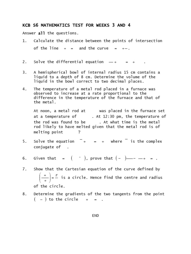 KCB S6 Math Test: Weeks 3-4 Problems | PDF
