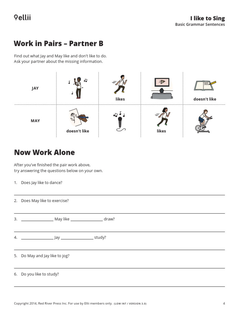 4.I Like To Sing - Basic Grammar Sentences - Ellii | PDF