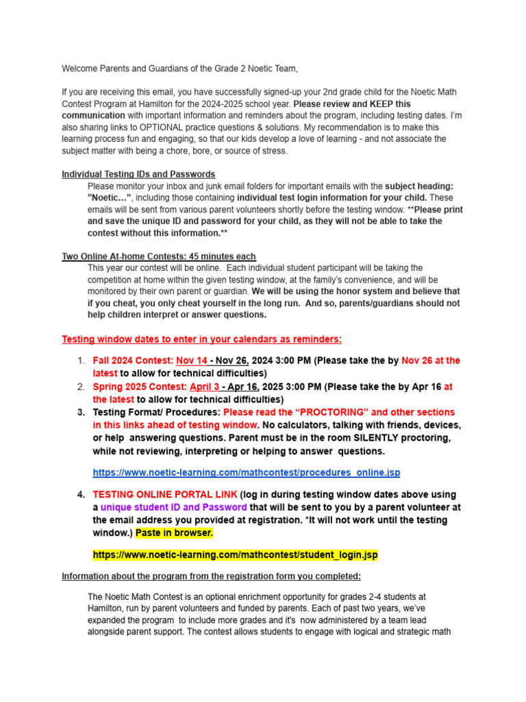 2024-25 G2 Parent Letter - Hamilton Noetic Math Contest | PDF