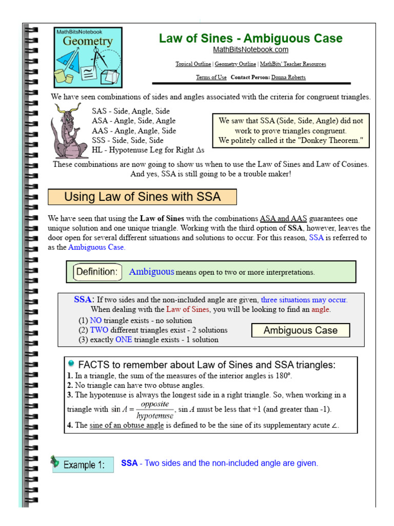 Law of Sines Ambiguous Case - MathBitsNotebook (Geo - CCSS Math) | PDF ...