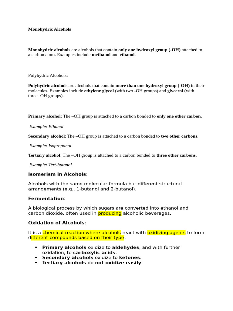 Types and Reactions of Alcohols Explained | PDF | Ethanol | Aldehyde