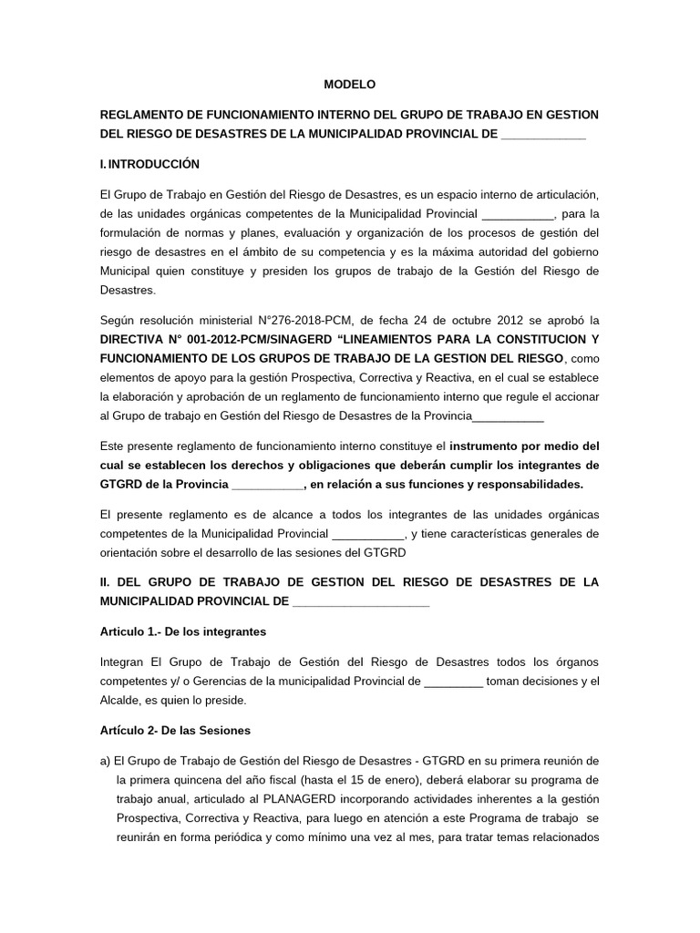 Reglamento Interno del GT en Riesgo de Desastres | PDF | Gobierno local ...