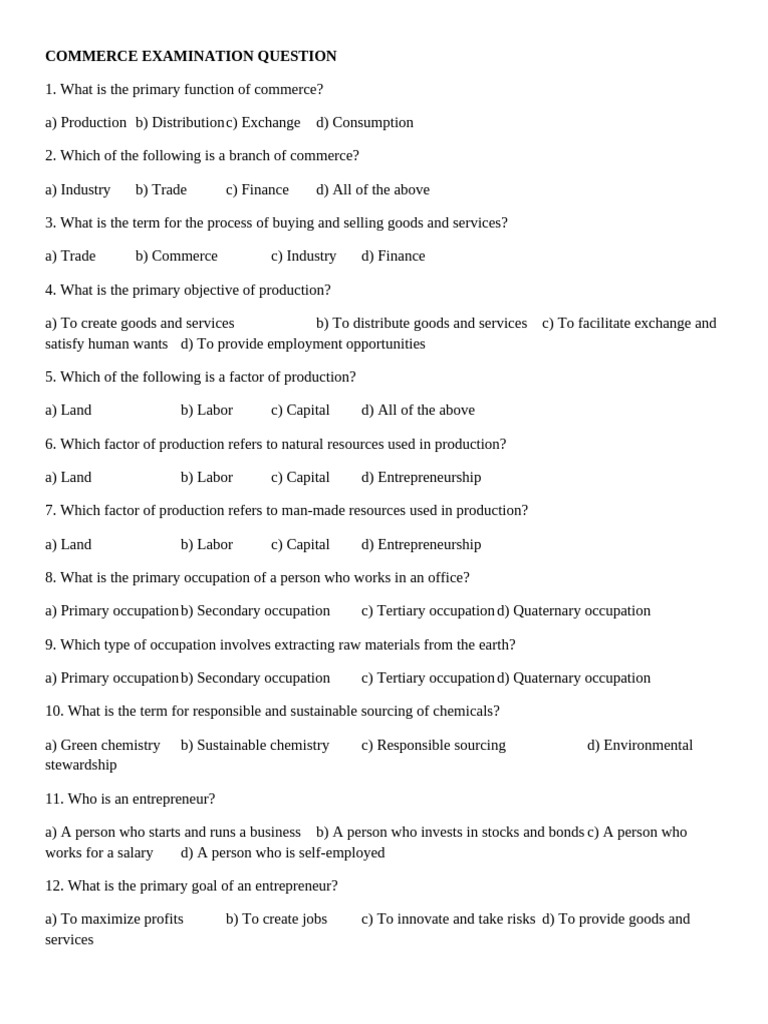Commerce Examination Questions and Answers | PDF | Entrepreneurship ...
