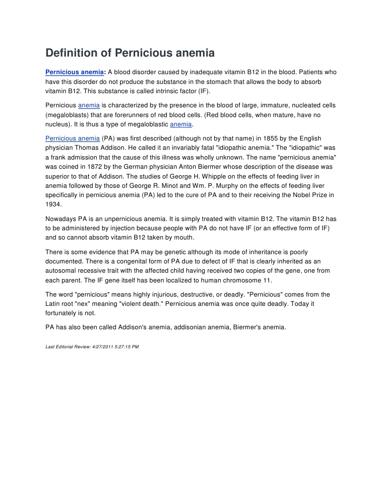 Definition of Pernicious Anemia PDF