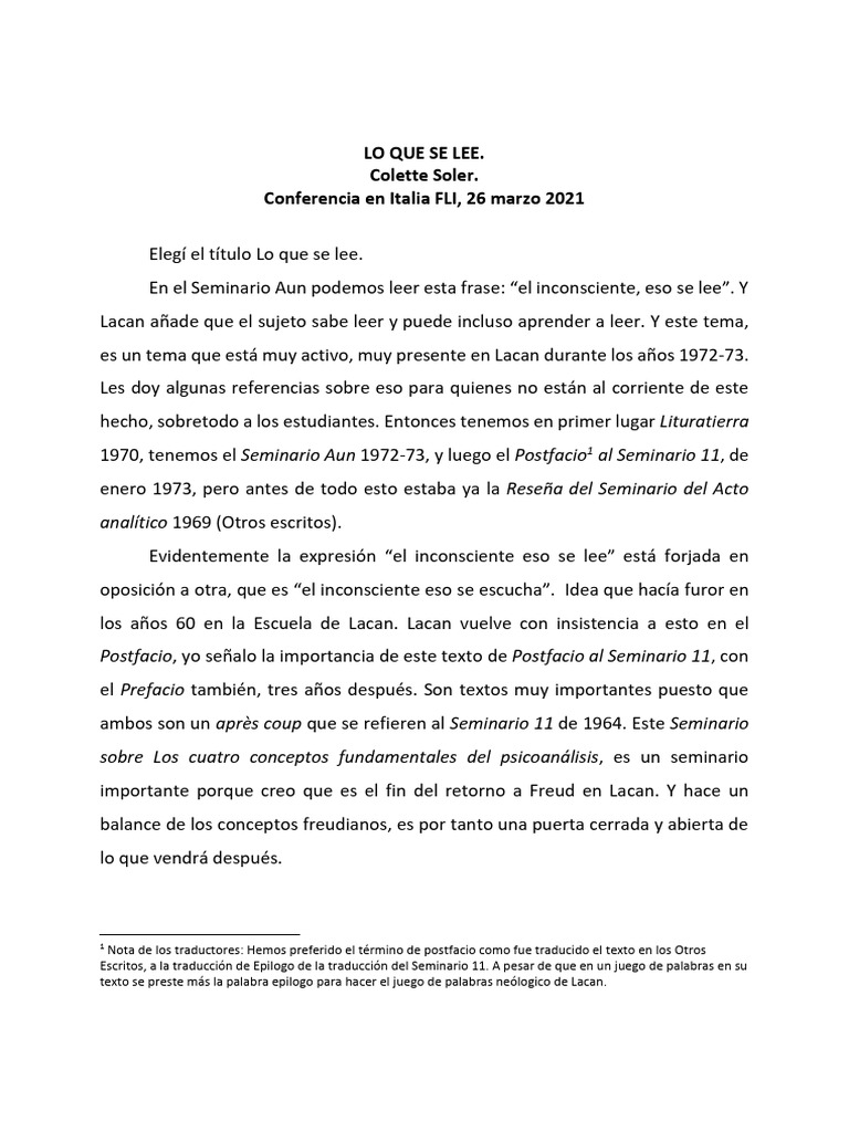 El inconsciente que se lee según Lacan | PDF | Jacques Lacan | Mente ...
