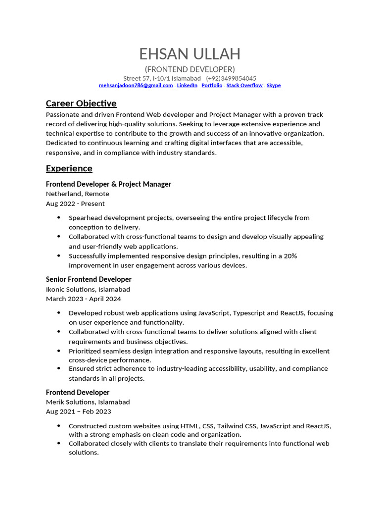 Frontend Developer Resume - Ehsan Ullah | PDF | Usability | Java Script