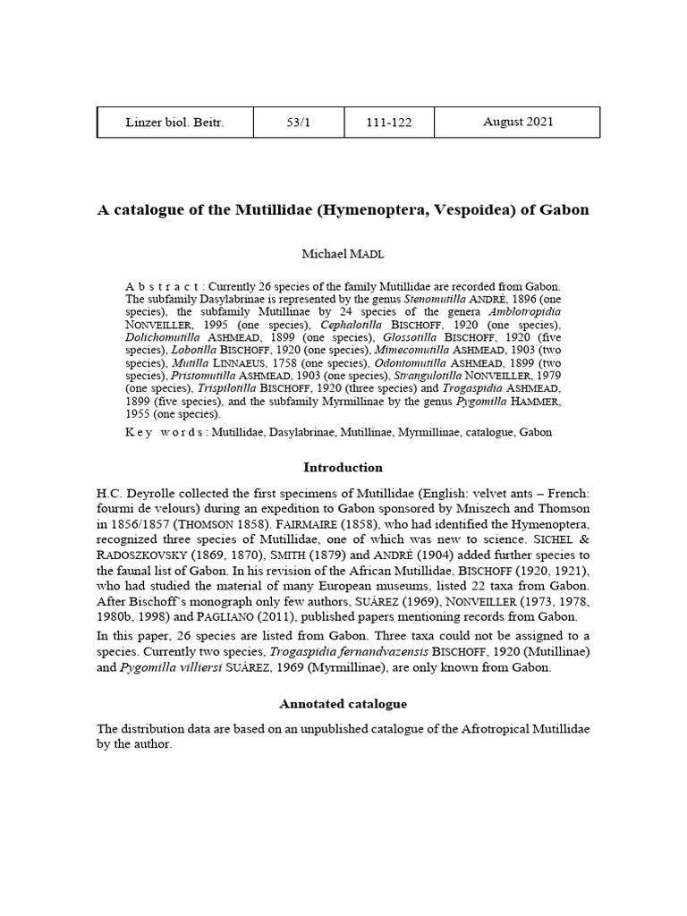 Madl, Michael A Catalogue of The Mutillidae (Hymenoptera, Vespoidea) of ...