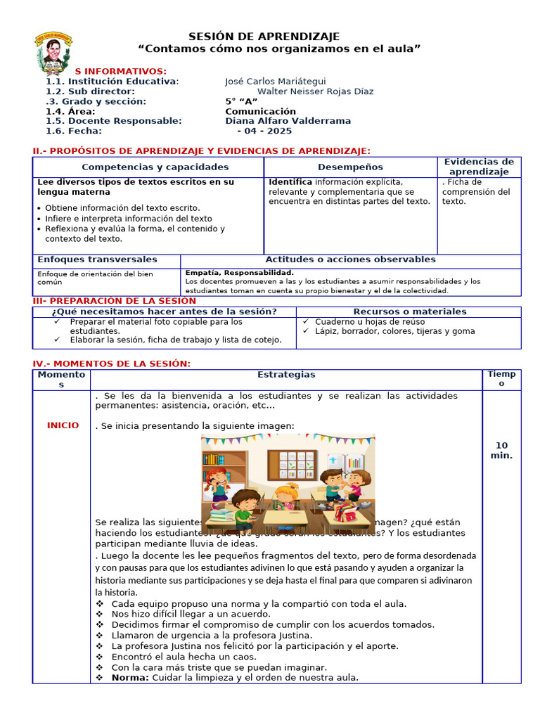 Organización del Aula en 5° "A" | PDF | Salón de clases | Aprendizaje